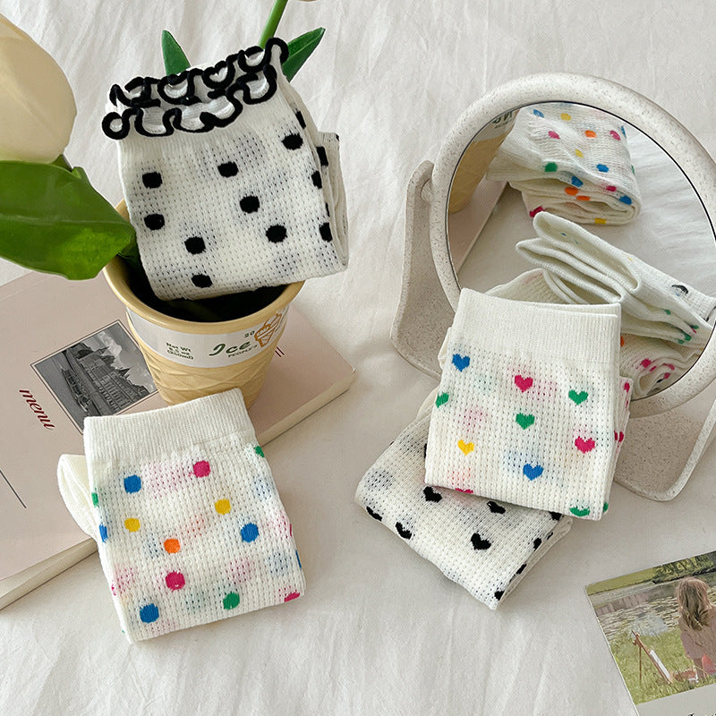 Rufia - 4 Pairs Heart and Polka Dot Mesh Socks