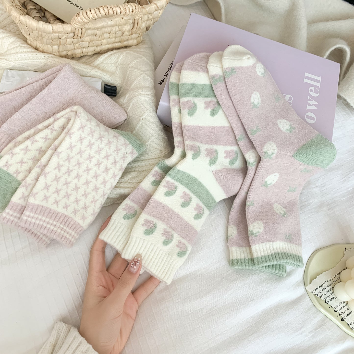 Rufia - Pastel Green & Pink Winter Socks