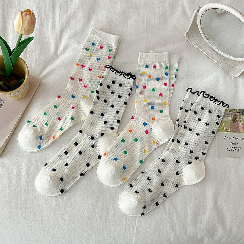 Rufia - 4 Pairs Heart and Polka Dot Mesh Socks