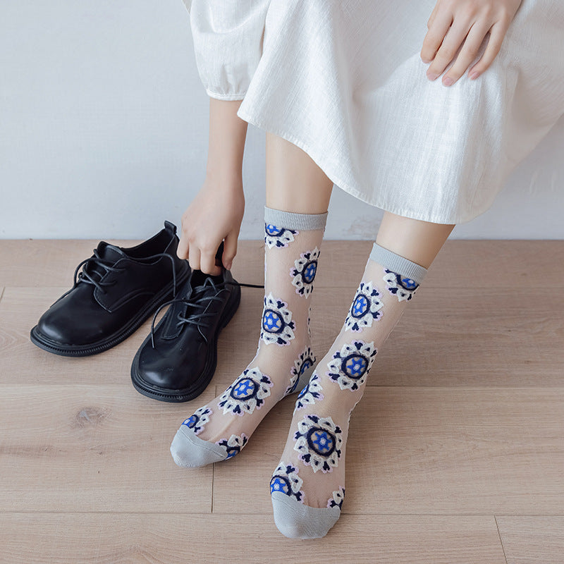 Rufia - Bohemian Floral Pattern Sheer Socks