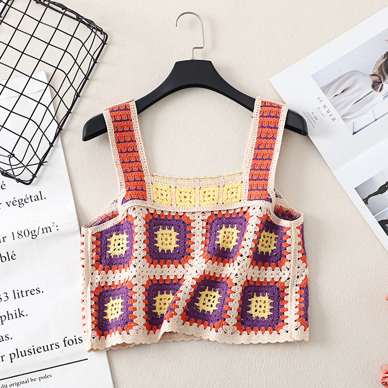 Detailed view of stitching on Crosa Bohemian mesh crochet tank top