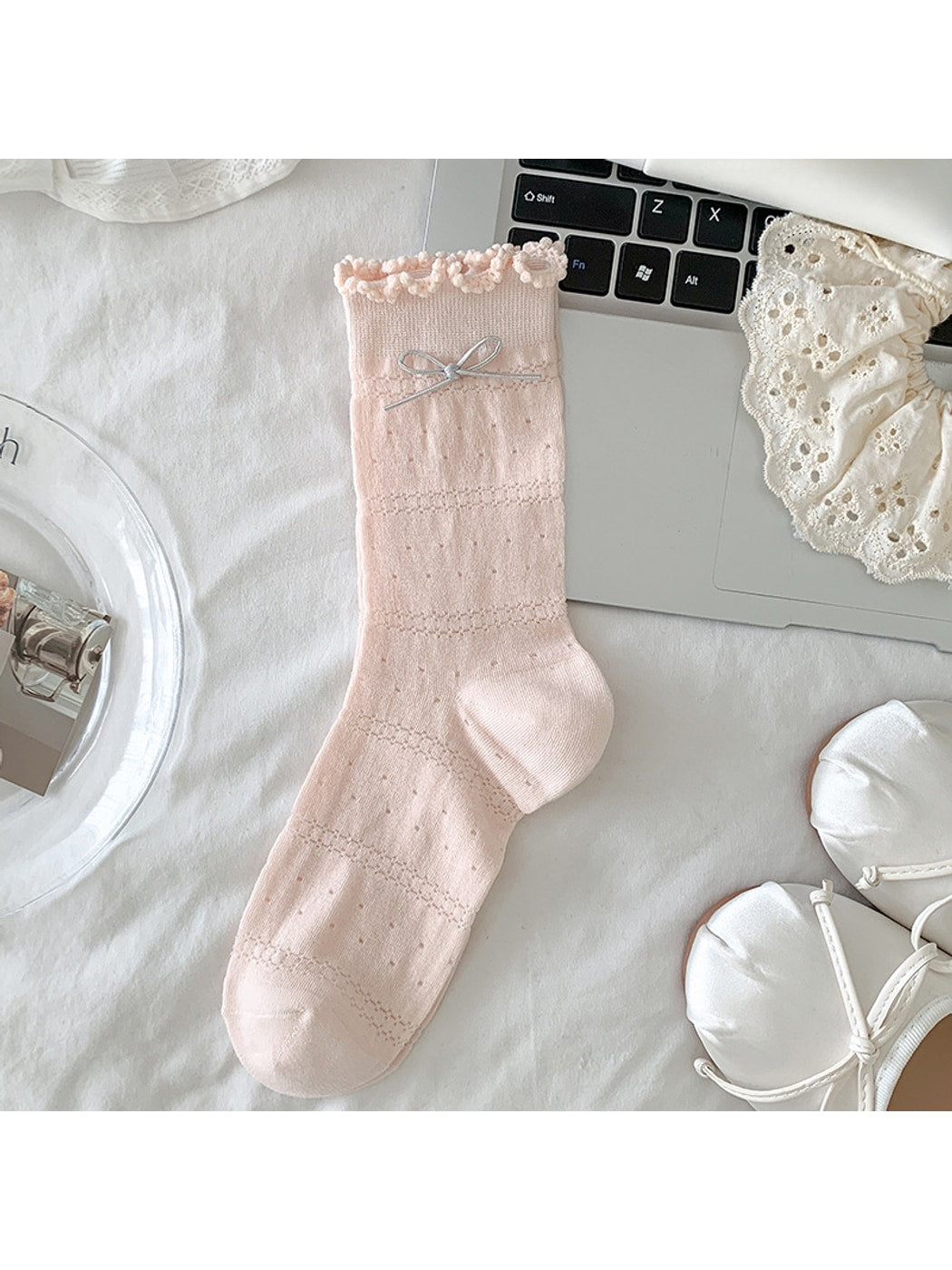 Rufia - Ruffle Cuffs Bow Detail Solid Color Crew Socks