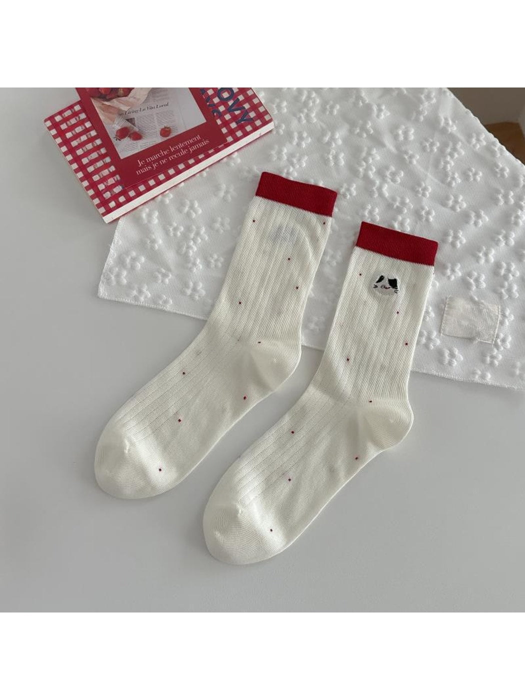 Rufia - Playful Cat Embroidered Ribbed Crew Socks