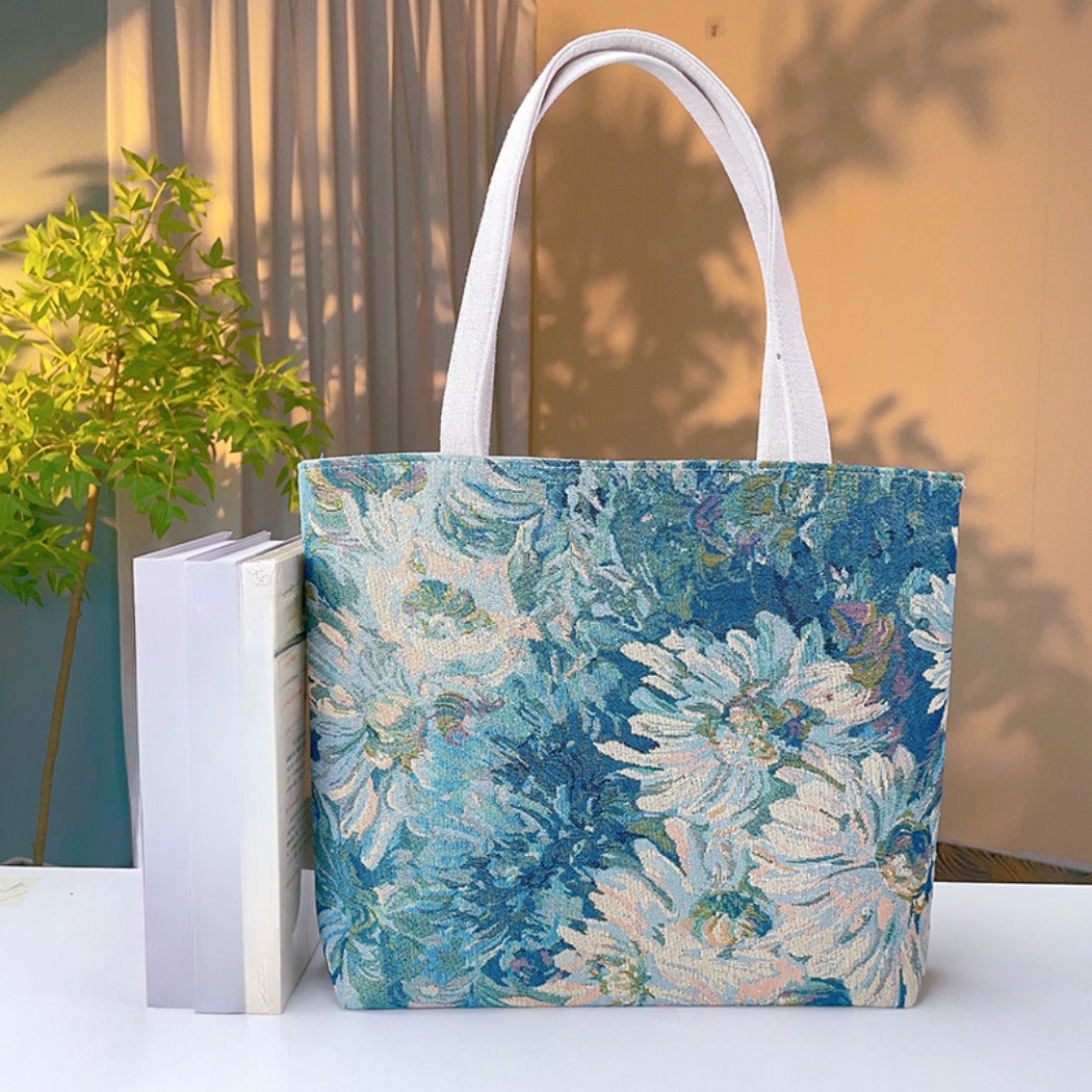 Cosbai - Blue Flowers Monet Garden Style Tote Bag
