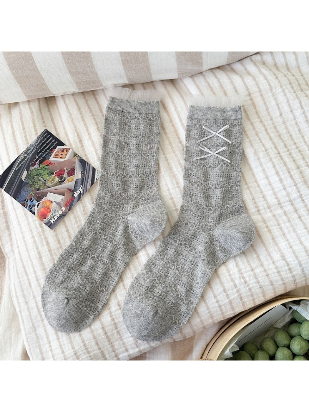 Rufia - Lace Bow Ruffle Trim Crew Socks