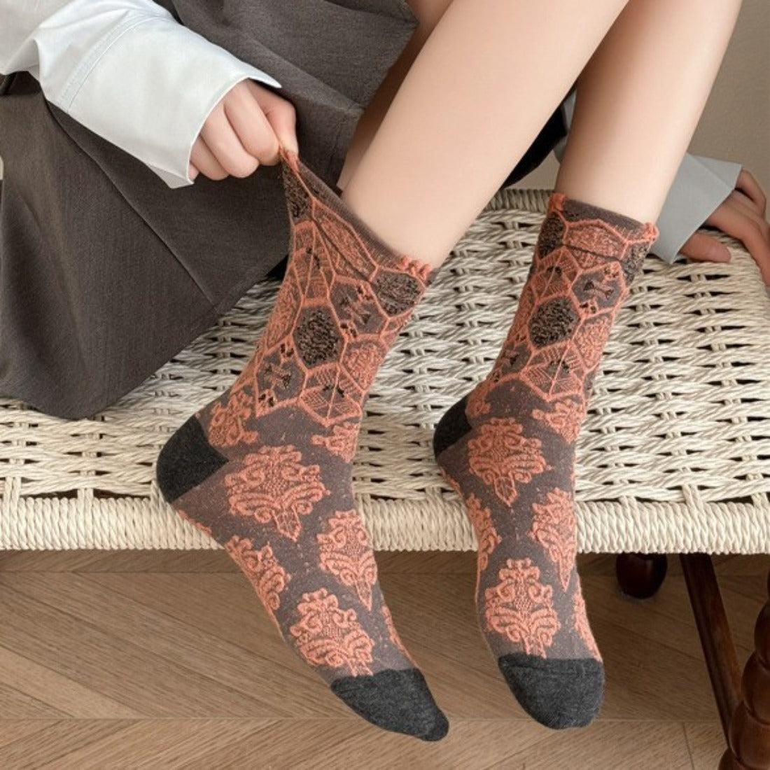 Rufia - Vintage Court Style Embossed Floral Mid-Calf Socks