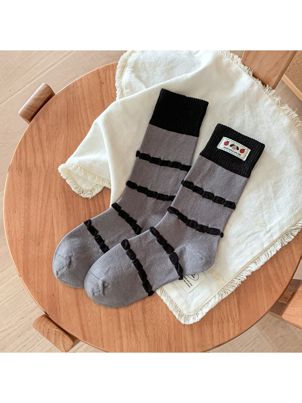 Rufia - Bubble Striped Mid-Calf Socks with Cartoon Label
