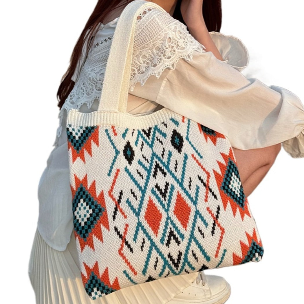 Cosbai - Boho Chic Geometric Shoulder Bag - Beige / Black