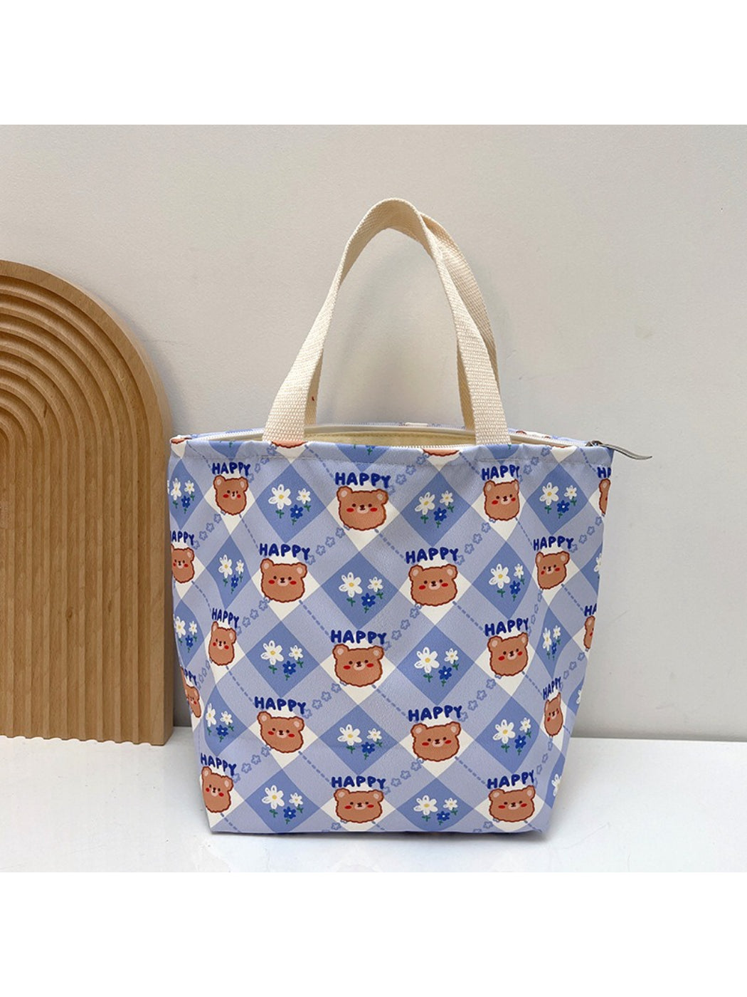 Cosbai cute animal print lunch tote bag shown from angled top view