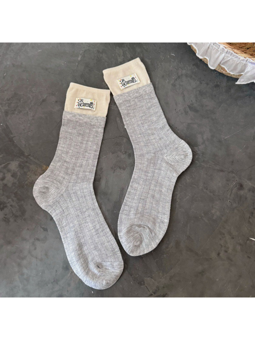 Rufia - Cartoon Dog Tag Mesh Color Block Double Cuff Socks