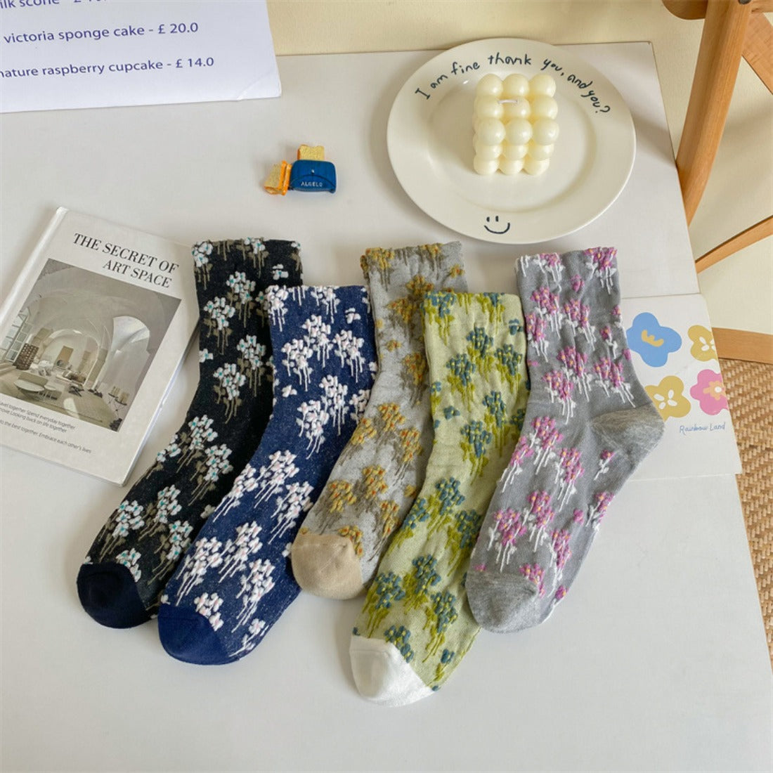 Rufia - Embossed Floral Colorblock Mid-Calf Socks