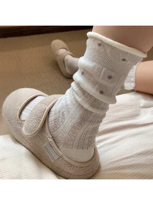 Close-up of Rufia mid-calf socks highlighting mesh dot design and ruffle edge