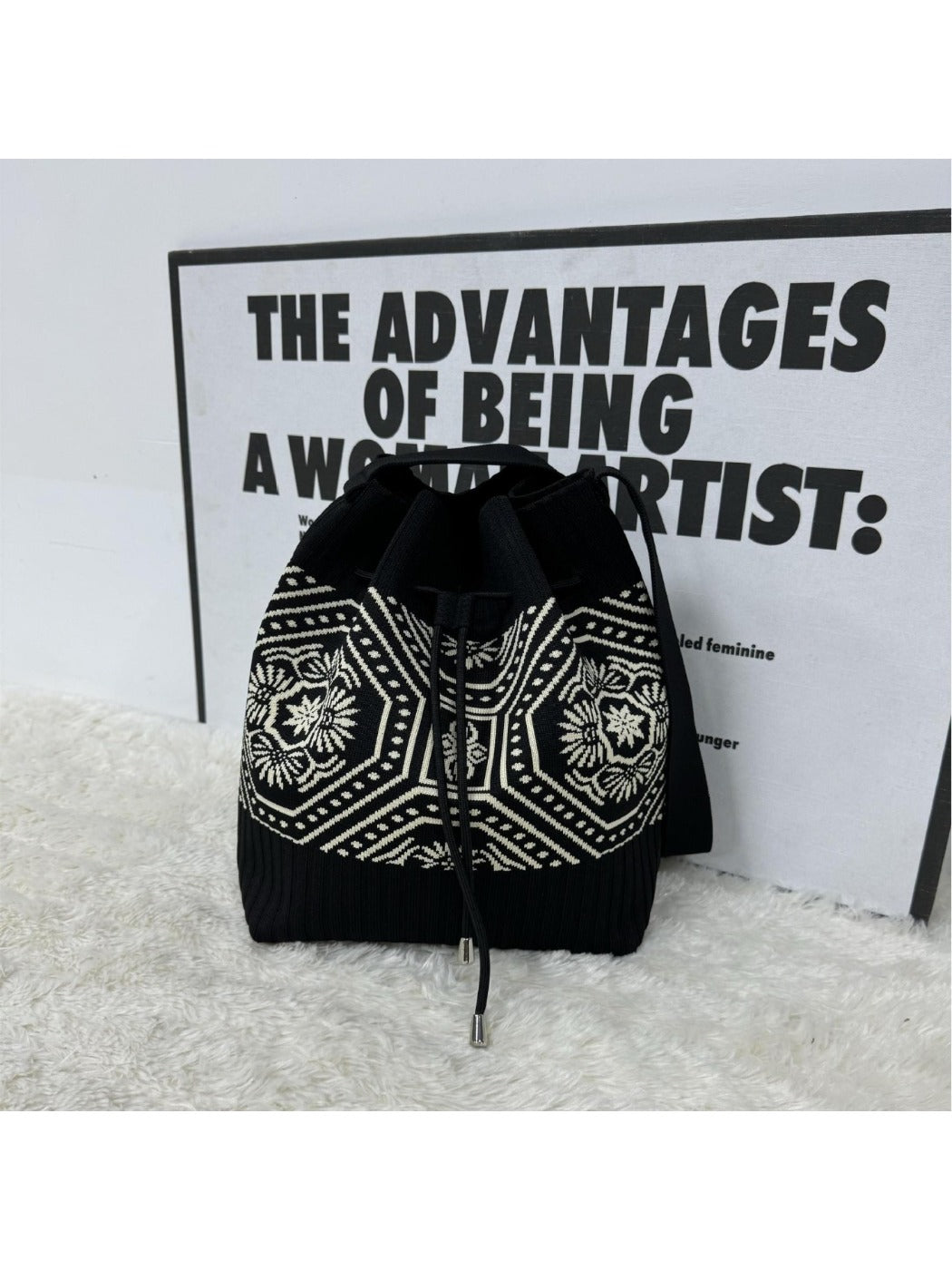 Cosbai - Knitted Shoulder Bag with Retro Style Featuring Drawstrings
