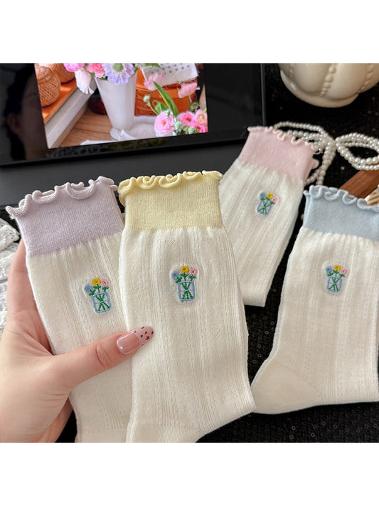 Rufia - Floral Embroidered Ruffle Crew Socks