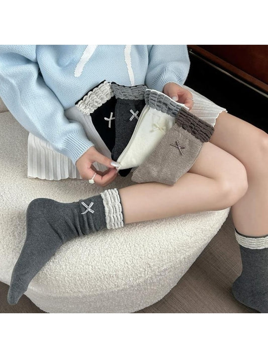 Rufia - Retro Bow Ruffle Cuff Crew Socks