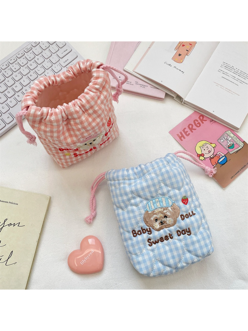 Cosbai - Gingham Bear Drawstring Pouch