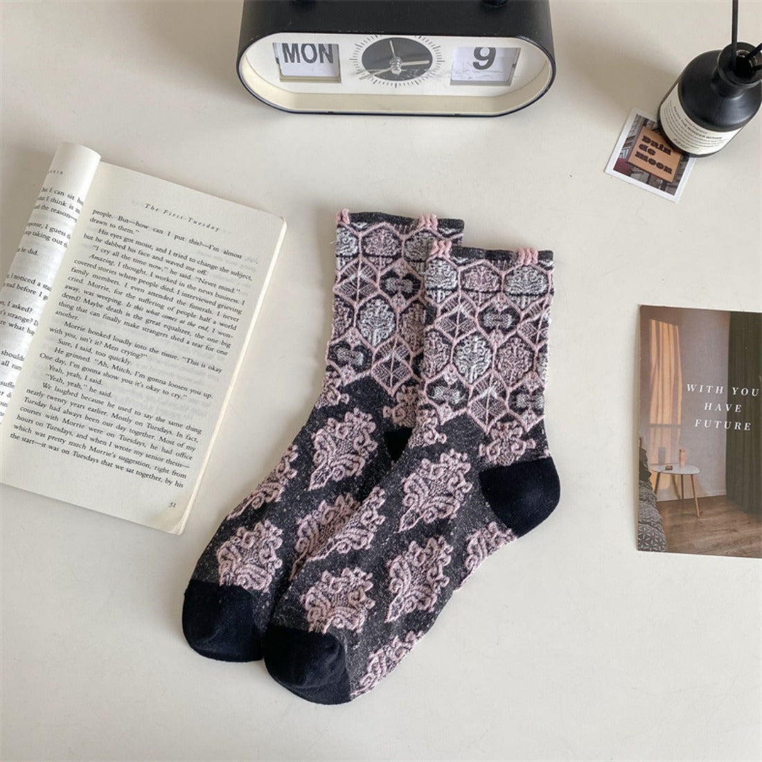 Rufia - Vintage Court Style Embossed Floral Mid-Calf Socks