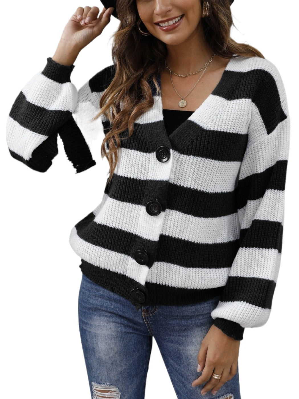 Crosa Color-blocked Striped Knitted Cardigan with Buttons showing color block detail and stripe detail