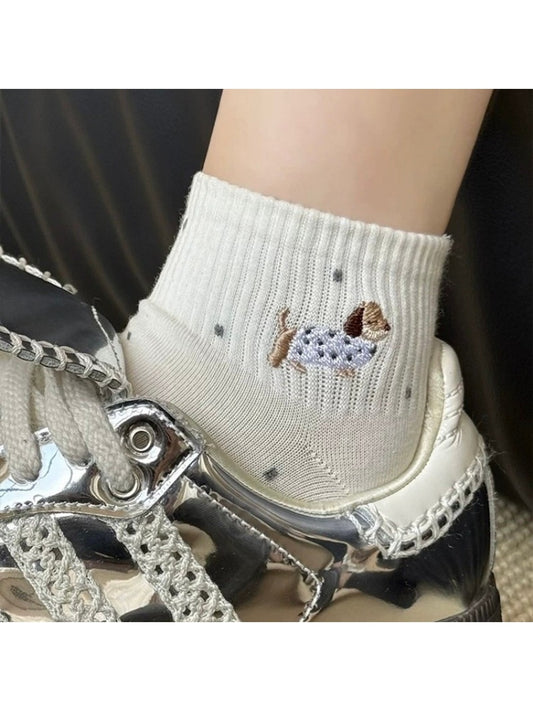 Rufia - Dog Embroidery Polka Dot Ankle Socks