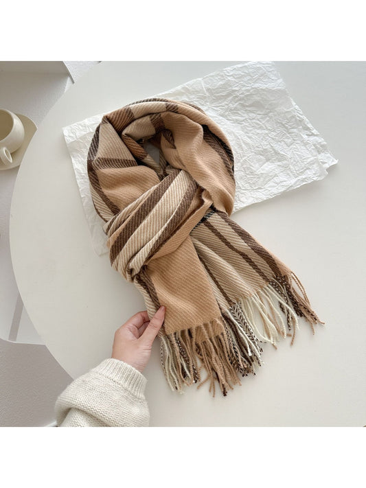 Scarvii - Soft-Tone Plaid Fringed Winter Scarf