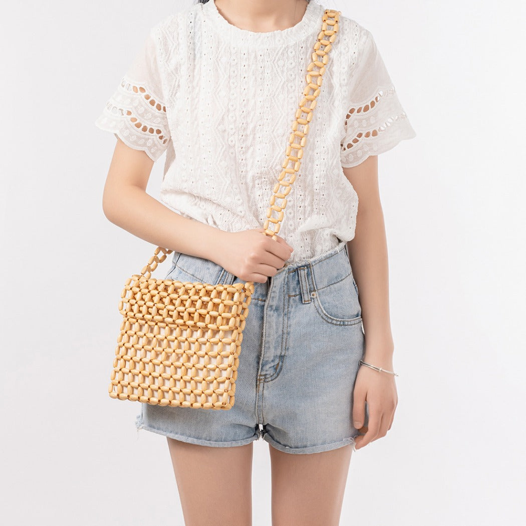 Cosbai - Wooden Bead Woven Crossbody Bag - Stylish & Classic