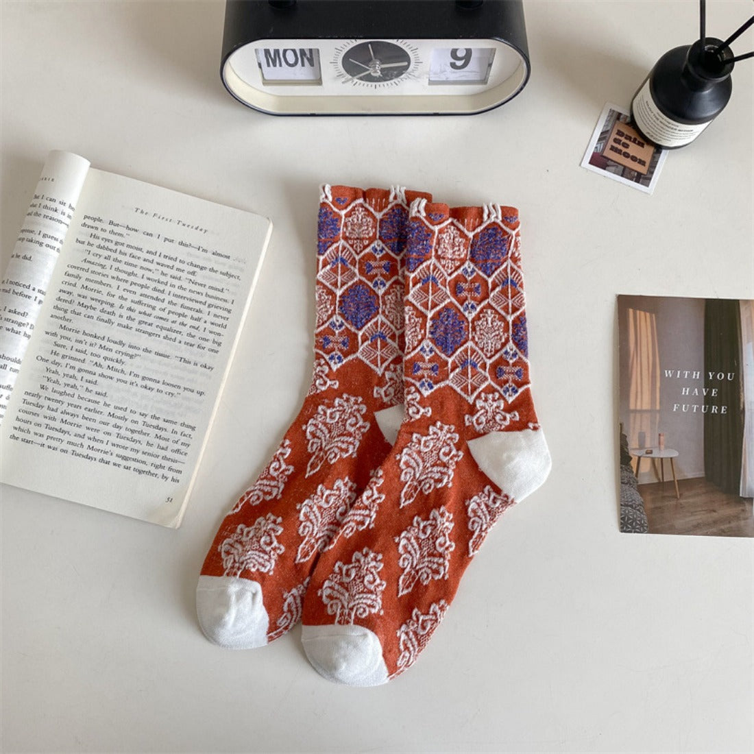 Rufia - Vintage Court Style Embossed Floral Mid-Calf Socks