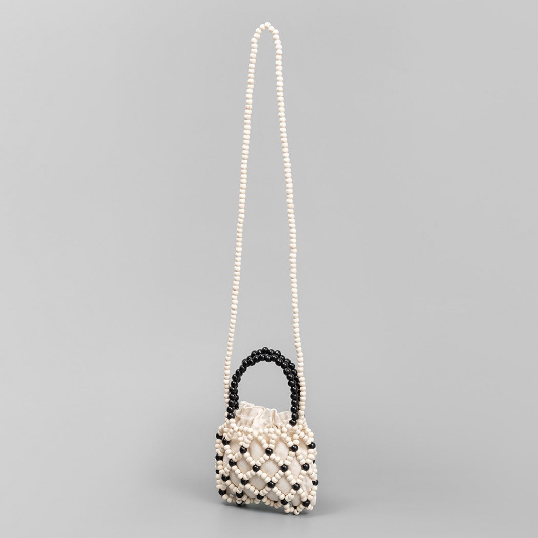Cosbai - Color-Blocked Wooden Bead Crossbody Bag