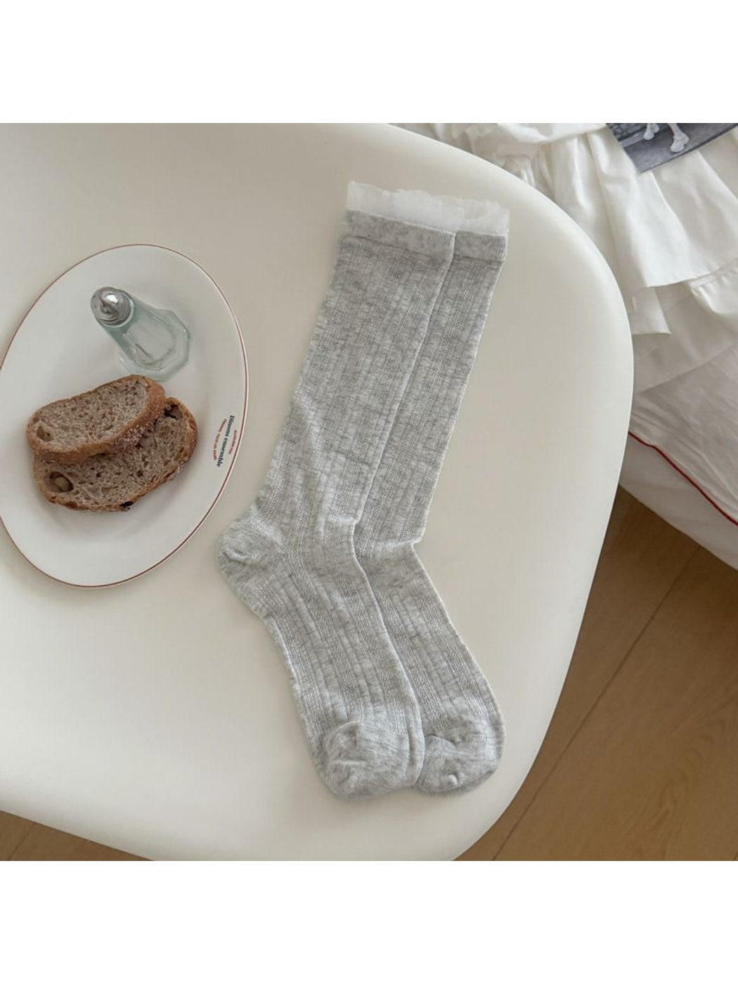 Rufia - Elegant Solid Color Ribbed Openwork Mid-calf Socks