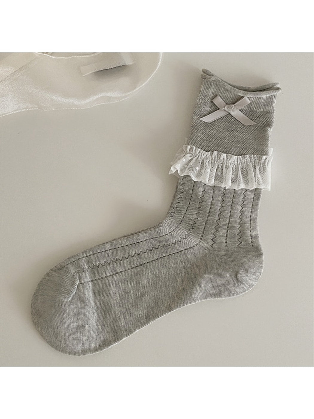 Rufia - Ballet Style Lace Ribbon Bow Detail Crew Socks