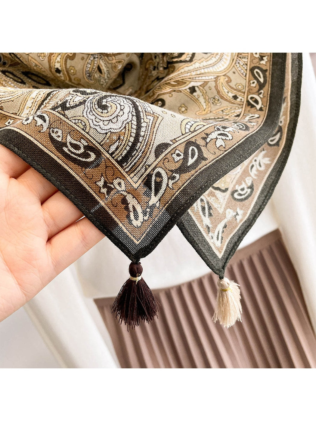 Scarvii - Vintage Khaki Paisley Print Square Scarf