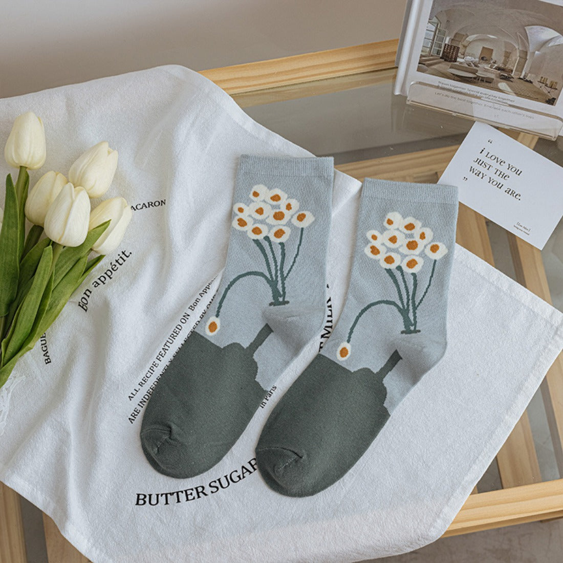 Rufia - Floral Lace Trim Mid-Calf Socks