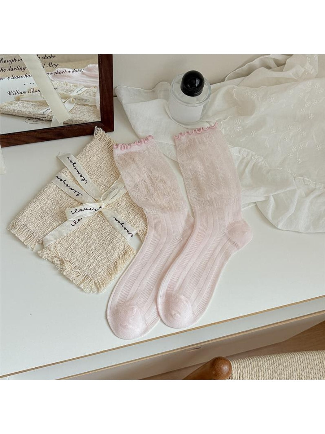 Rufia - Ruffle Trim Ribbed Solid Color Crew Socks