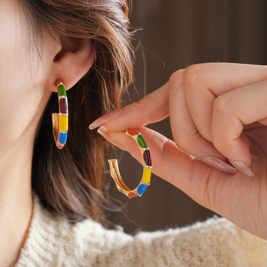 Earwish - Vintage Enamel C-Hoop Earrings - Playful & Vibrant