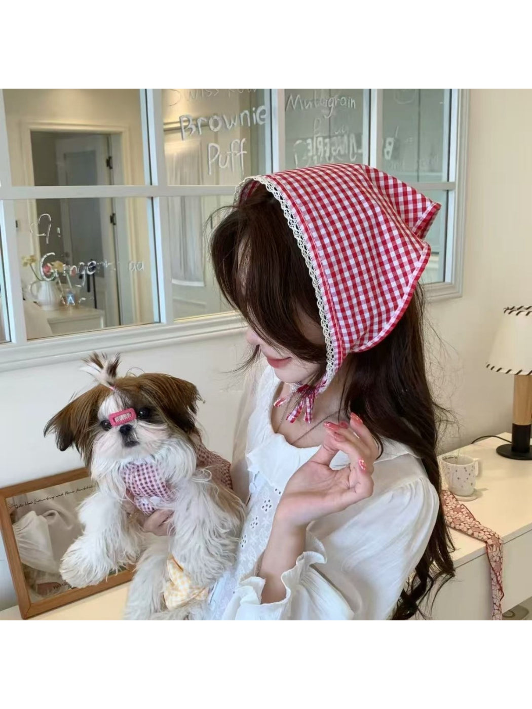 Scarvii - Elegant Lace Trim Gingham Triangle Scarf