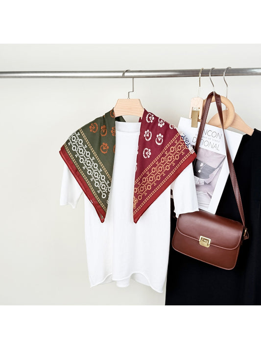 Scarvii - Retro Floral Print Colorblock Square Scarf