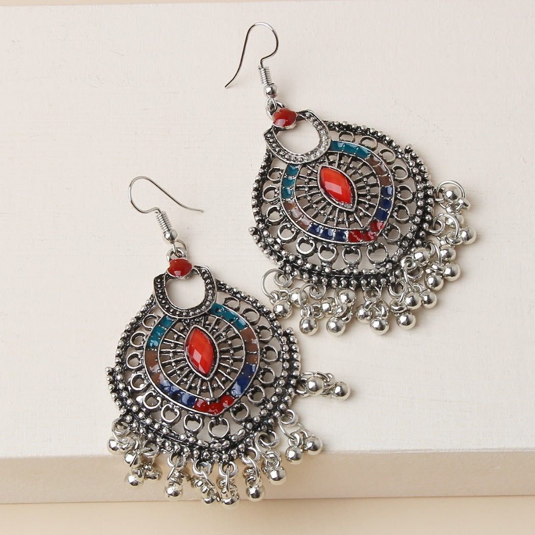 Earwish - Boho Chic Metal Fringe Earrings with Red Beads