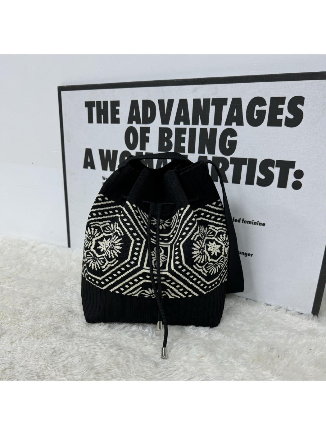 Cosbai - Knitted Shoulder Bag with Retro Style Featuring Drawstrings