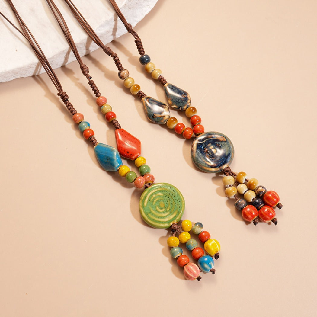 Bauai - Boho Ceramic Bead Fringe Long Necklace - Vintage & Unique