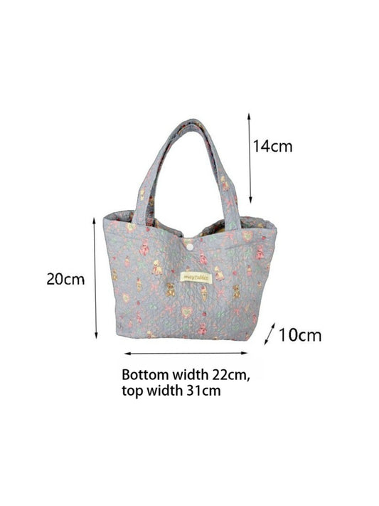 Cosbai – Quilted Floral & Bear Printed Tote Bag