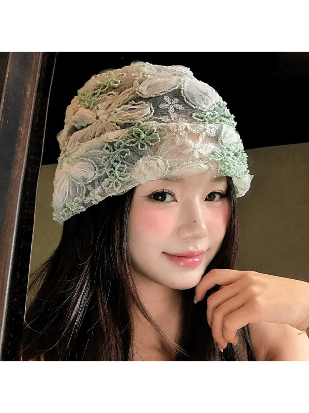 Haila - Floral Applique Mesh Cuffed Beanie