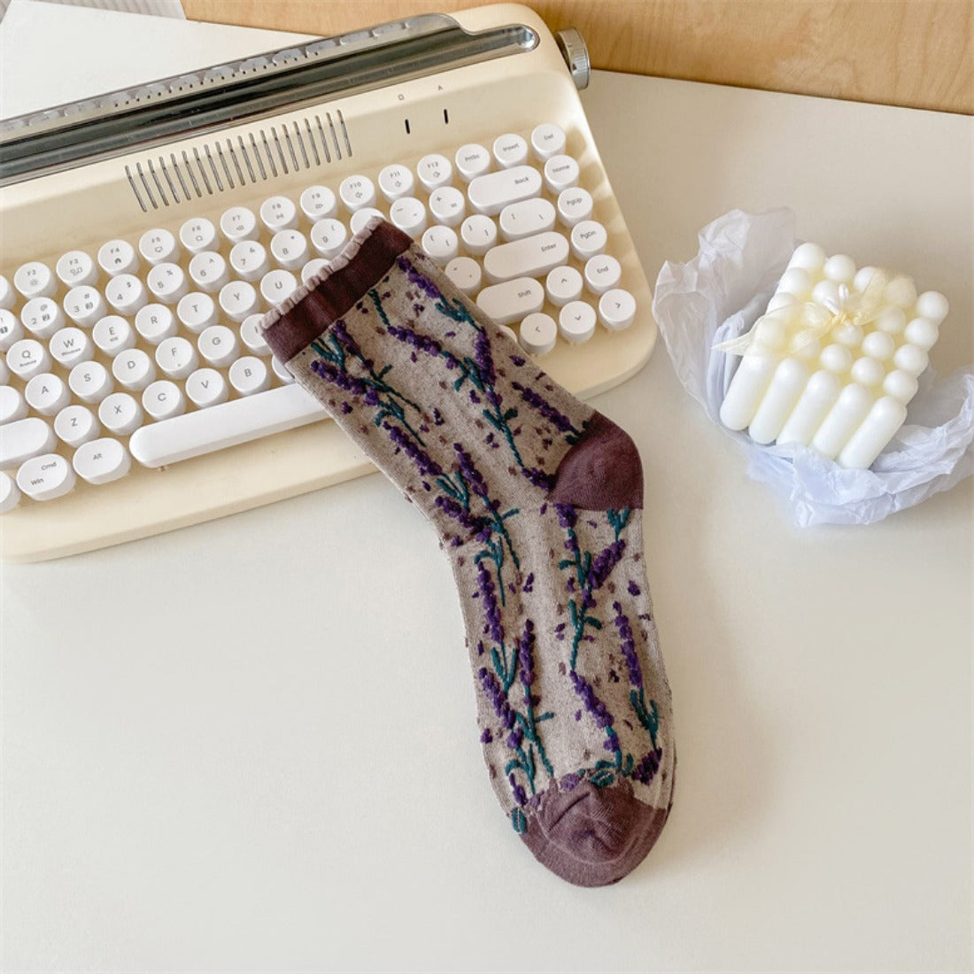 Rufia - Embossed Lavender Floral Mid-Calf Socks