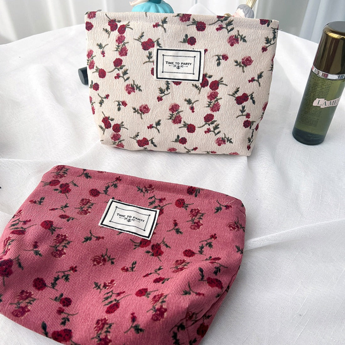 Cosbai - Rose Pattern Corduroy Makeup Bag
