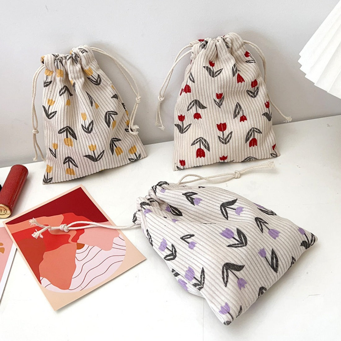 Cosbai - Floral Corduroy Drawstring Pouch