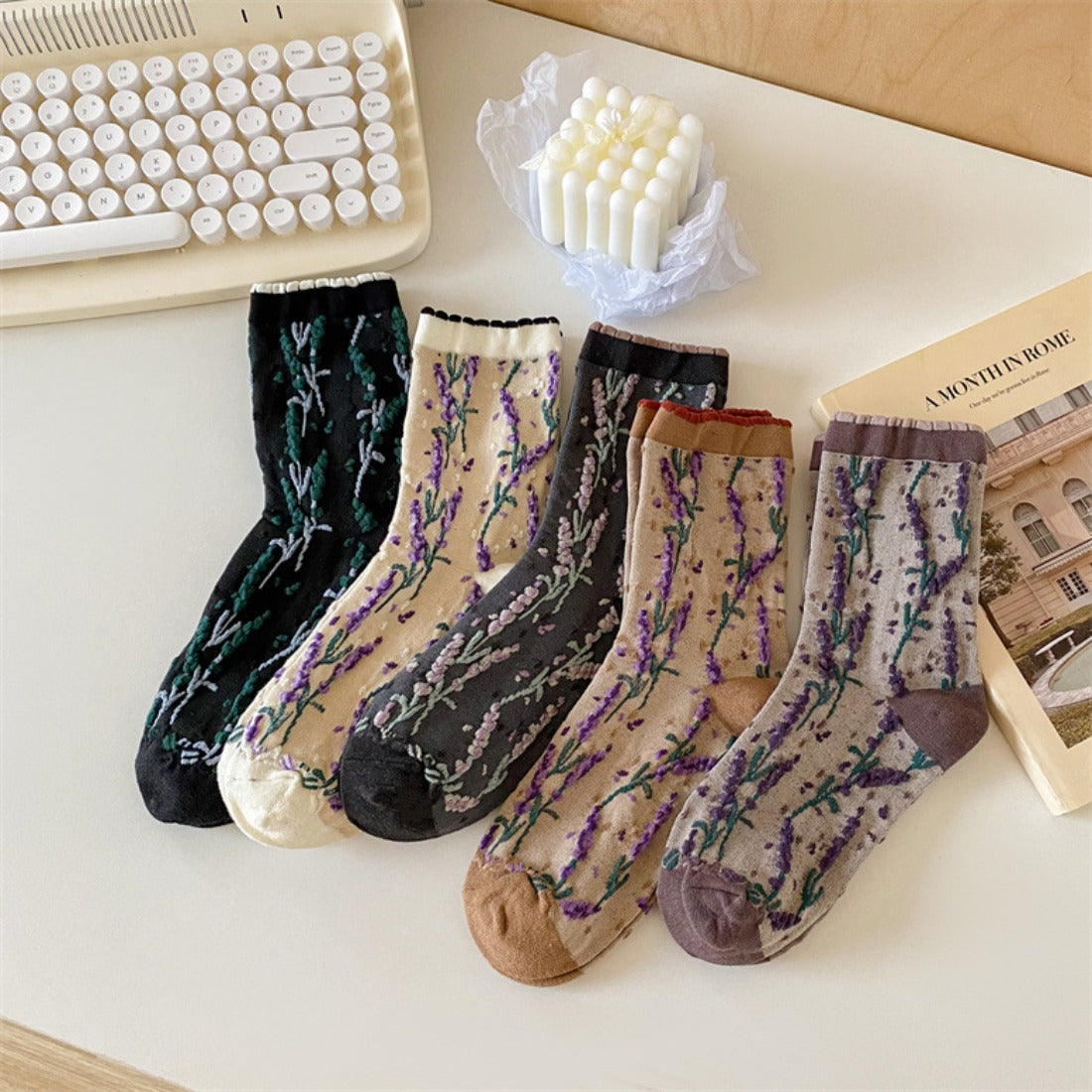 Rufia - Embossed Lavender Floral Mid-Calf Socks