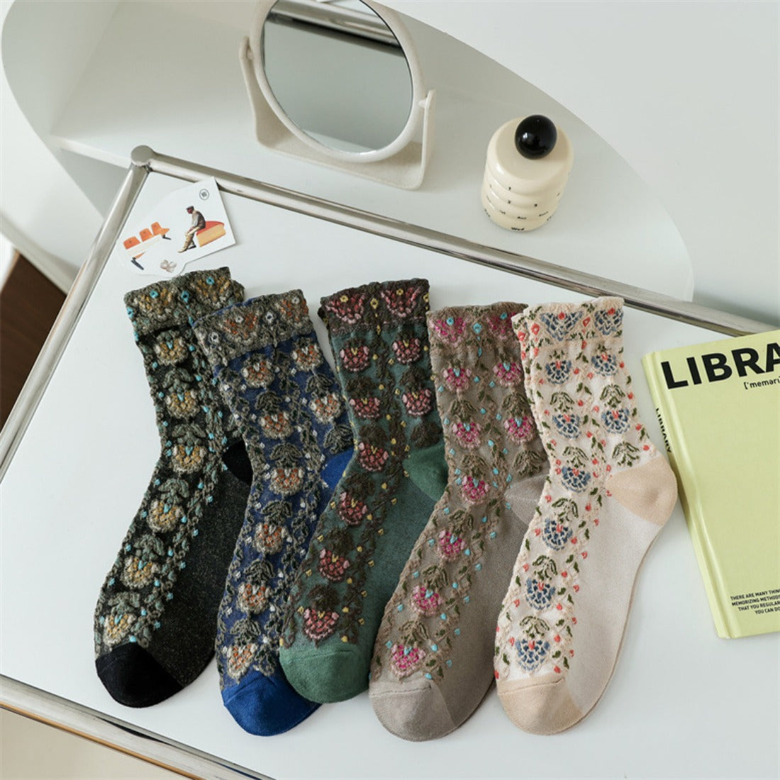 Rufia Embossed Vintage Floral Mid-Calf Socks showing floral motif and knit texture