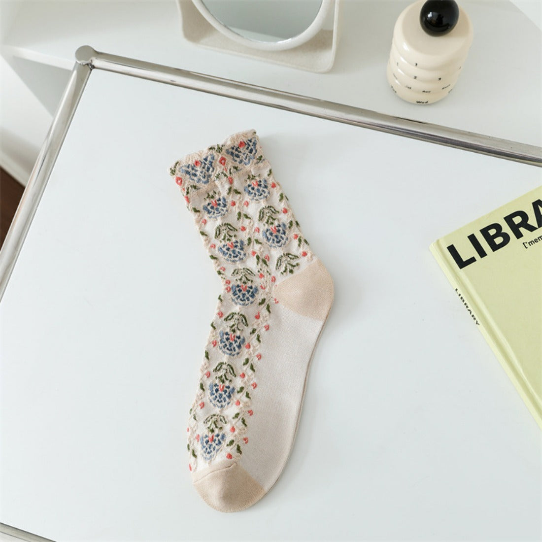 Rufia - Embossed Vintage Floral Mid-Calf Socks