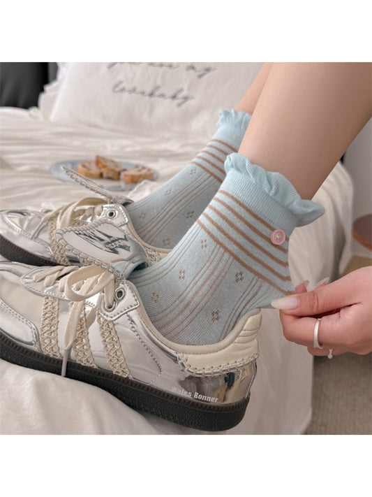 Rufia Lace Mesh Stripe Crew Socks edge detail