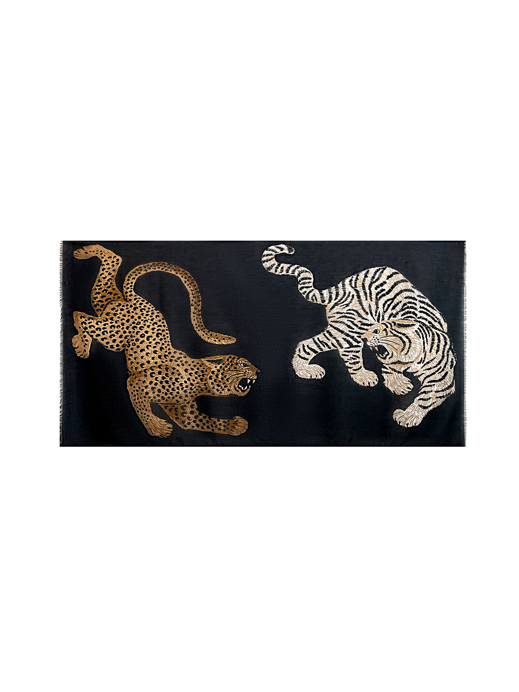 Black rectangular scarf laid flat with a spotted leopard and striped tiger