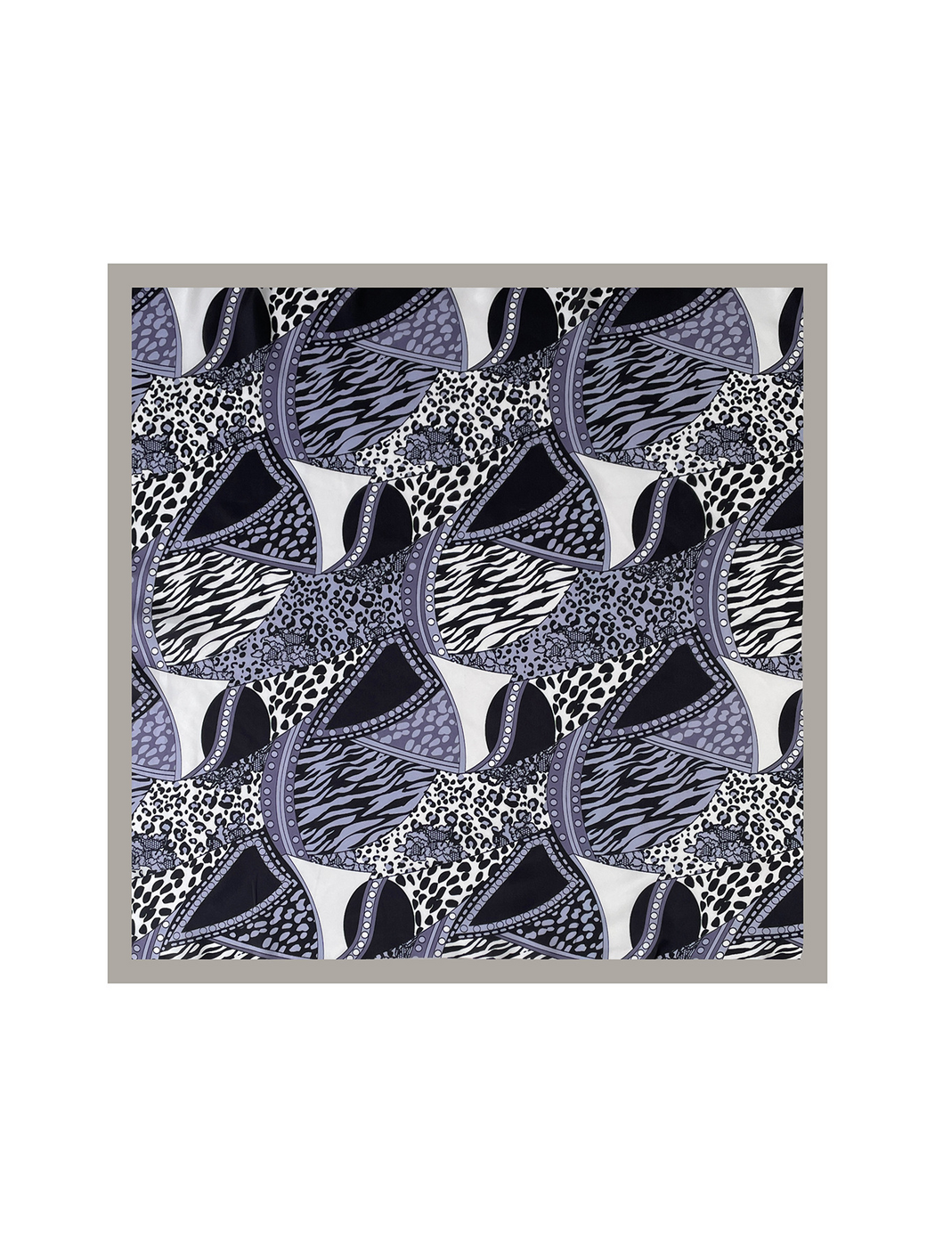 Gray square scarf laid flat, showing animal-print patchwork and a contrasting gray border