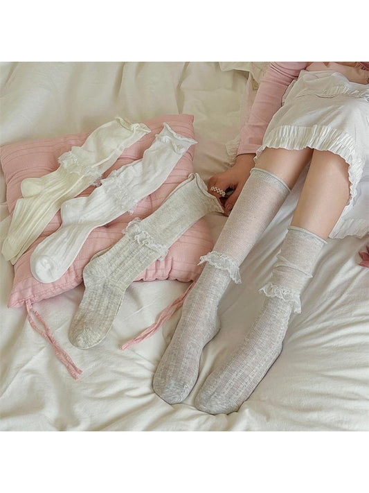 Rufia - Plain Lace Ruffle Trim Mid Calf Socks